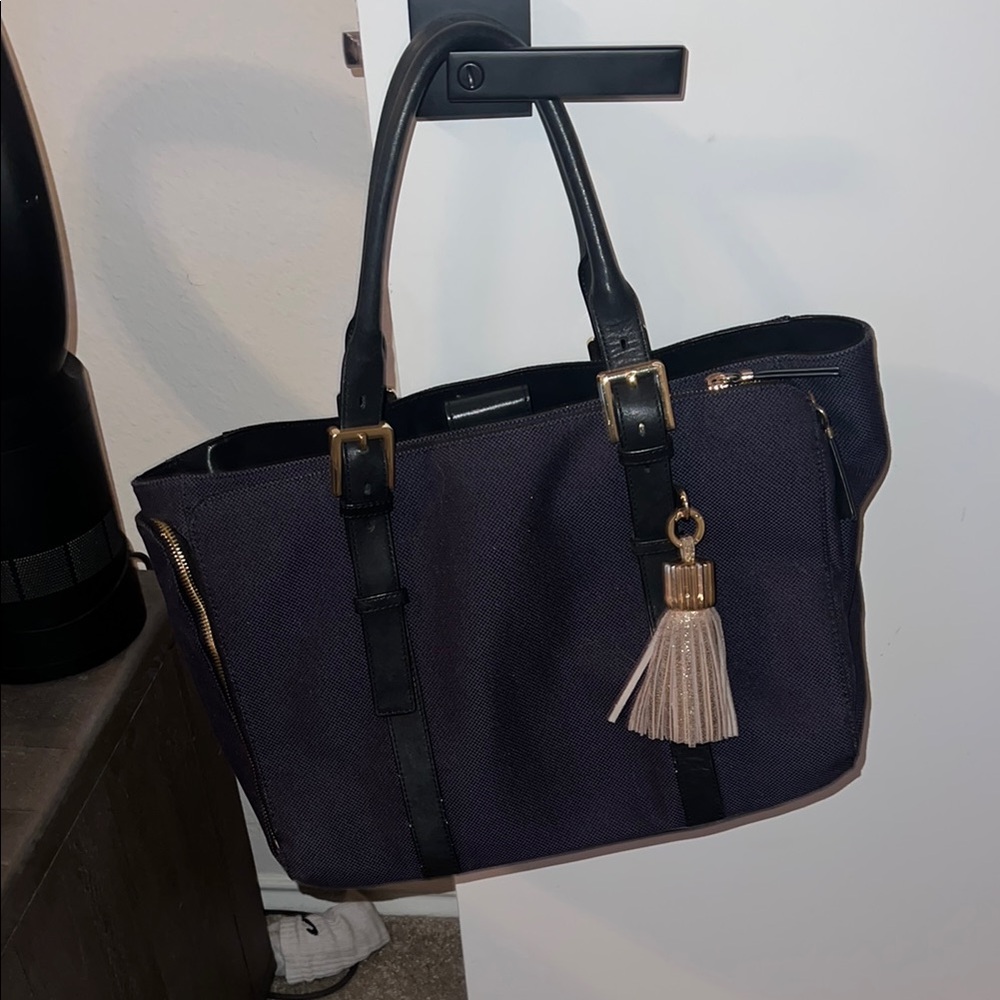 India Hicks Black and Purple Tote Bag with Gold Accents